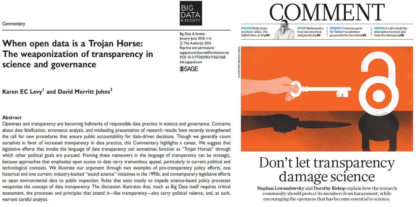 Abstract Openness and transparency are becoming hallmarks of responsible data practice in science and governance. Concerns about data falsification, erroneous analysis, and misleading presentation of research results have recently strengthened the call for new procedures that ensure public accountability for data-driven decisions. Though we generally count ourselves in favor of increased transparency in data practice, this Commentary highlights a caveat. We suggest that legislative efforts that invoke the language of data transparency can sometimes function as ‘‘Trojan Horses’’ through which other political goals are pursued. Framing these maneuvers in the language of transparency can be strategic, because approaches that emphasize open access to data carry tremendous appeal, particularly in current political and technological contexts. We illustrate our argument through two examples of pro-transparency policy efforts, one historical and one current: industry-backed ‘‘sound science’’ initiatives in the 1990s, and contemporary legislative efforts to open environmental data to public inspection. Rules that exist mainly to impede science-based policy processes weaponize the concept of data transparency. The discussion illustrates that, much as Big Data itself requires critical assessment, the processes and principles that attend it—like transparency—also carry political valence, and, as such, warrant careful analysis