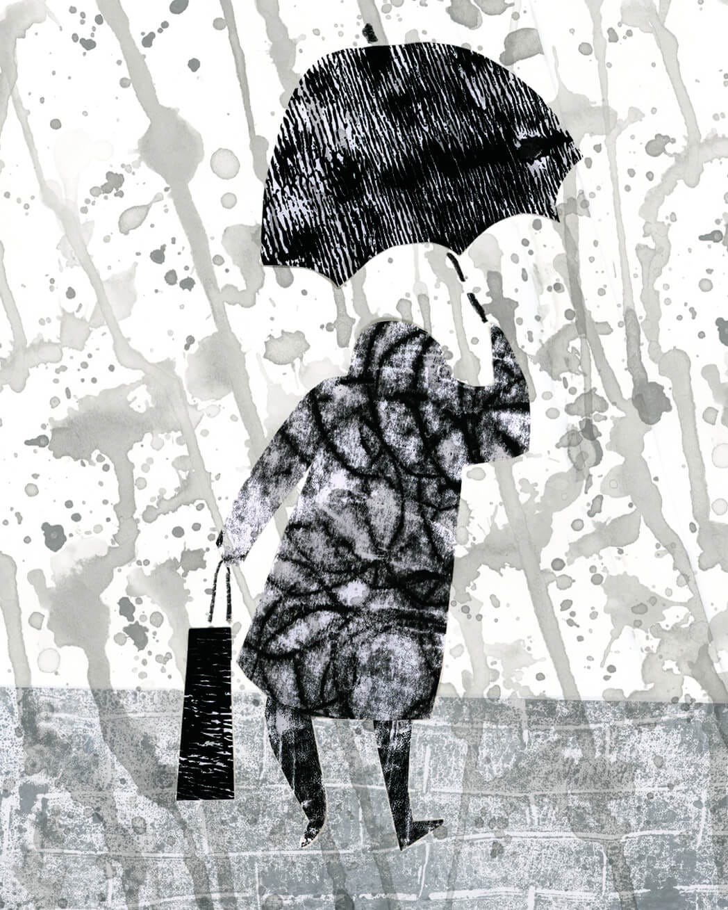 Back view of a figure walking carefully in heavy rain holding an umbrella and large shopping bag. Ink and collage illustration by Nanette Regan