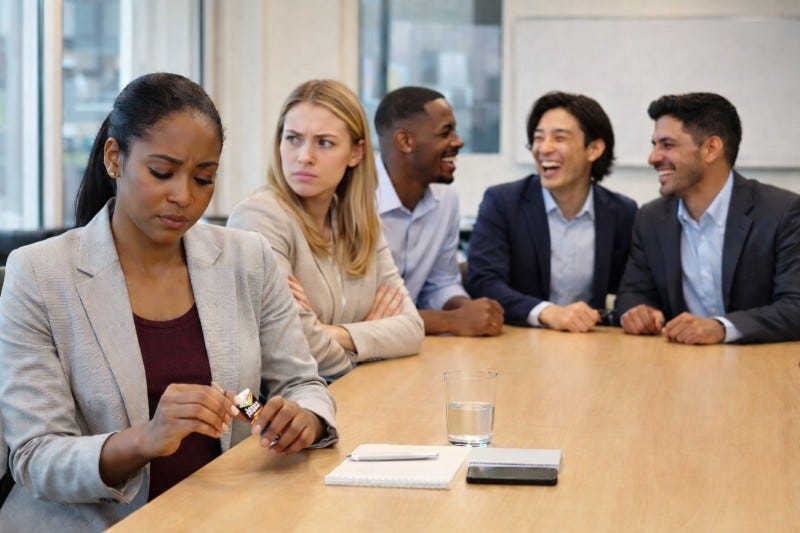 Black woman opens candy bar while a white woman folds her arm in anger. A Black man, Hispanic man and Asian man laugh joyously at the back of a conference room meeting.