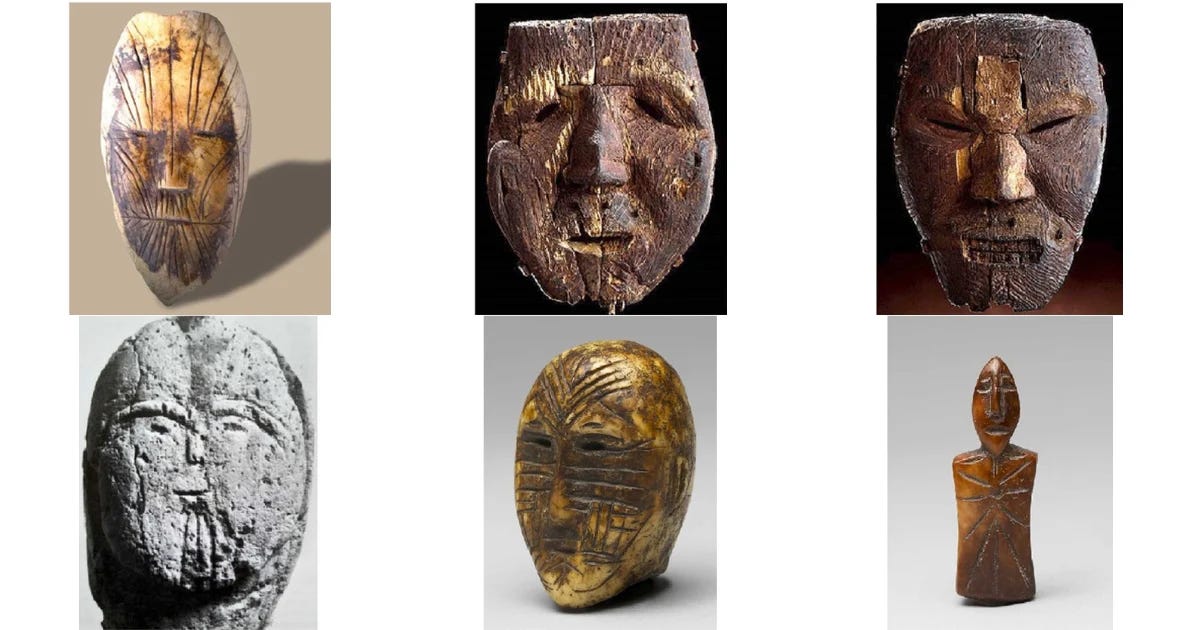 Carved wooden masks with facial incisions, [culture, site and date from the paper’s caption]. Photo from Ponkratova and Lbova 2026, Quaternary Environments and Humans, CC BY 4.0.