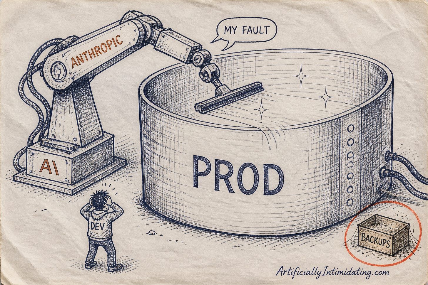 Editorial cartoon: a robot arm branded Anthropic squeegees a giant database cylinder labeled PROD sparkling empty while a tiny horrified developer watches; the arm says MY FAULT and a red circle marks a dusty box labeled BACKUPS.