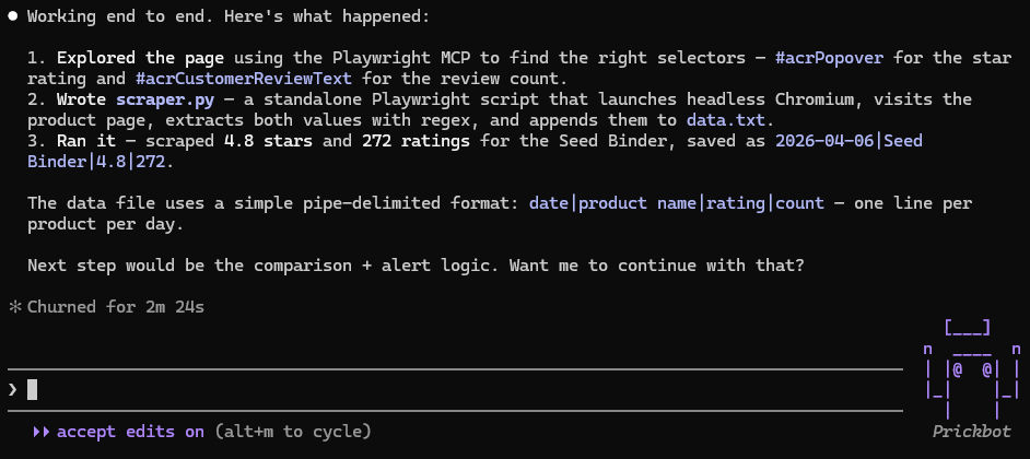 Claude Code terminal output showing a successful Amazon scraping test: explored the page with Playwright MCP, wrote a standalone scraper.py script, and extracted 4.8 stars and 272 ratings for a product saved to a pipe-delimited data.txt file.