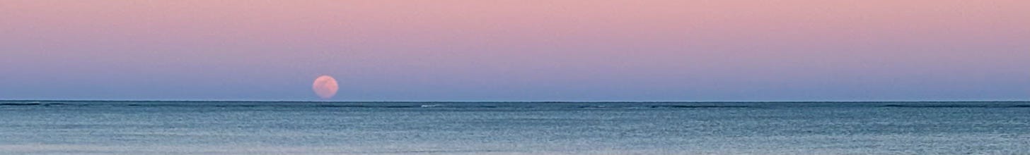 full moon rising over ocean with pink sunset sky