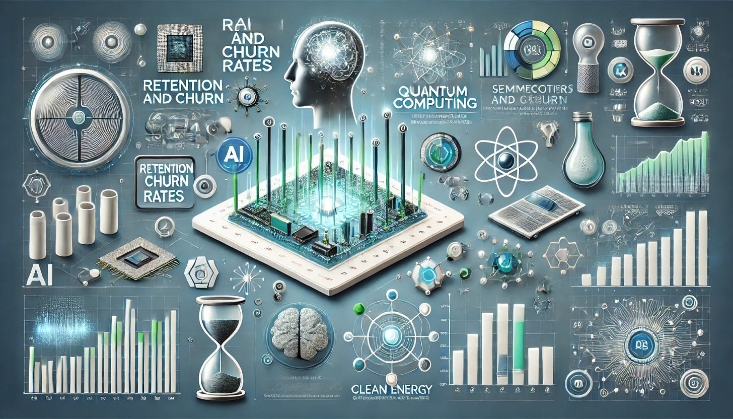 A wide, infographic-style image illustrating the importance of retention and churn rates for investors focusing on emerging tech startups. The design includes futuristic icons representing AI, quantum computing, semiconductors, and clean energy, alongside bar charts and line graphs that show trends in retention and churn rates. The layout is clean, professional, and horizontal, with a color scheme of blue, green, and white, symbolizing trust, innovation, and growth.