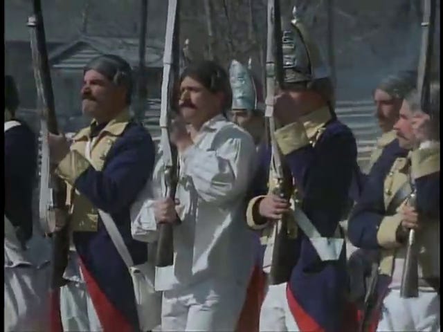 Hessians; Colonel Rall dresses himself; General Knox gives the order to fire; Hessians are thrown into the air by a cannon blast.