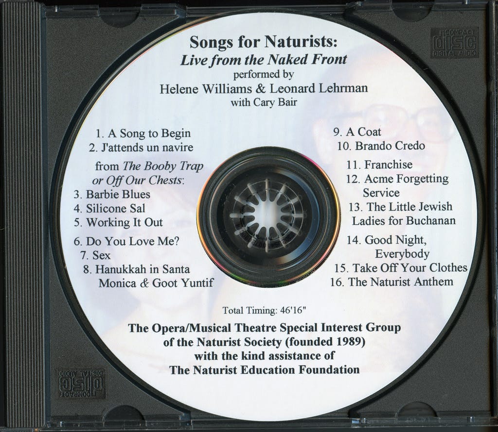 Compact disc label for Songs for Naturists: Live from the Naked Front, performed by Helene Williams and Leonard Lehrman with Cary Bair. The label lists sixteen tracks, including “Take Off Your Clothes” and “The Naturist Anthem.”
