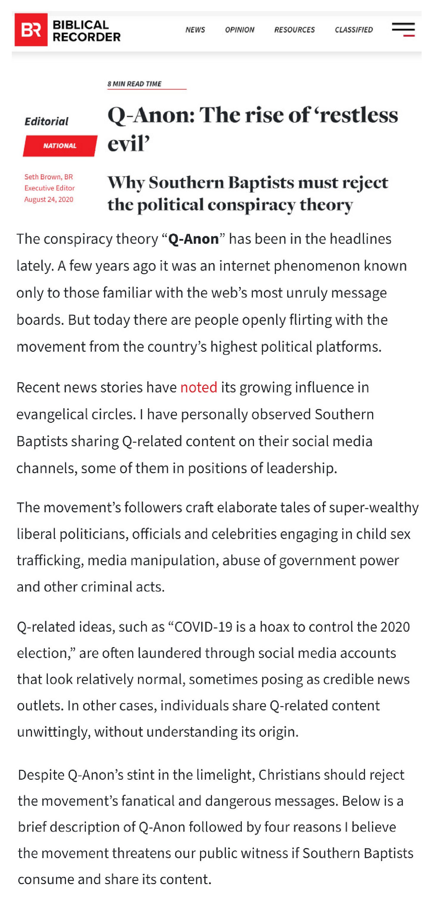 Biblical Recorder – Q-Anon: The rise of ‘restless evil’ – Why Southern Baptists must reject the political conspiracy theory