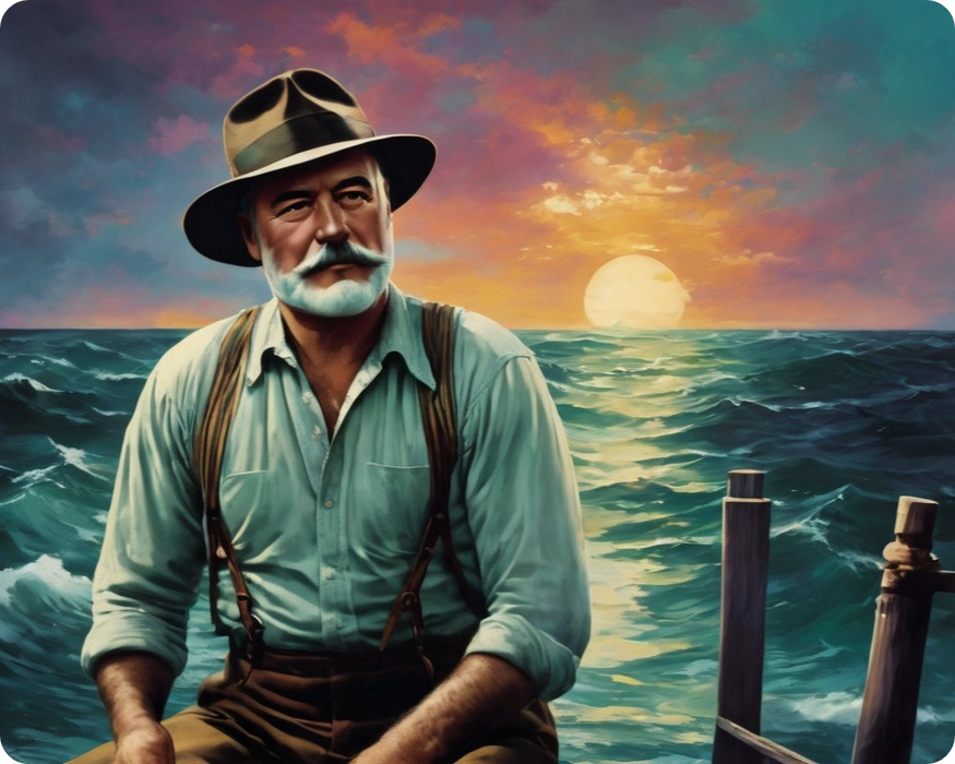 Ernest Hemingway near the sea, sun in the background. Digital image. Quite poetic.