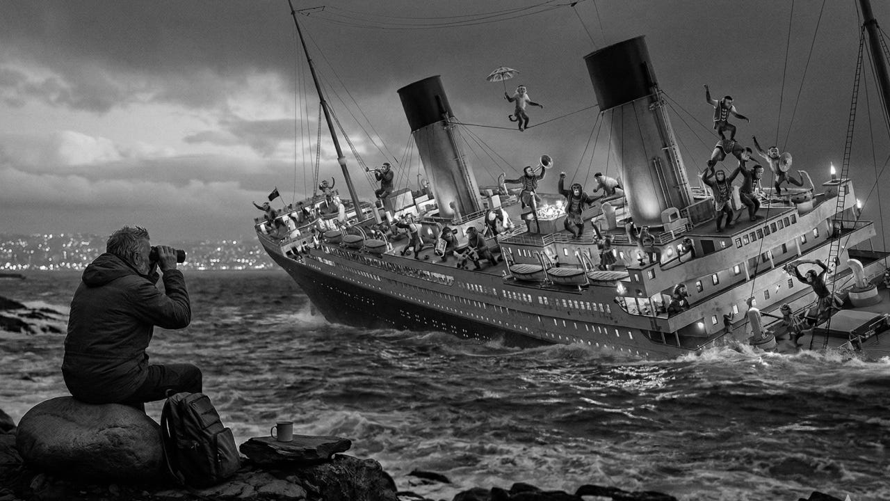A grayscale conceptual art piece depicting a man sitting on a rocky shore, observing circus monkeys performing on the deck of a large, sinking ocean liner through binoculars.