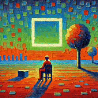 An abstract painting depicting a person sitting on a chair in a vibrant, colorful landscape, gazing at a large blank rectangular frame surrounded by trees and pixelated elements in the background.