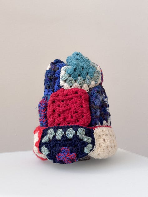 Teal and red granny crochet patchwork beanie