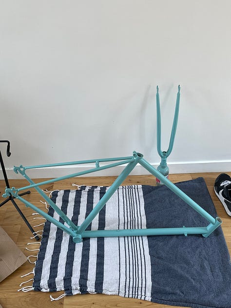 three pictures of a bike frame with the first being just a frame with old paint. the second a stripped frame and the third a frame and fork painted in a lovely turqoise