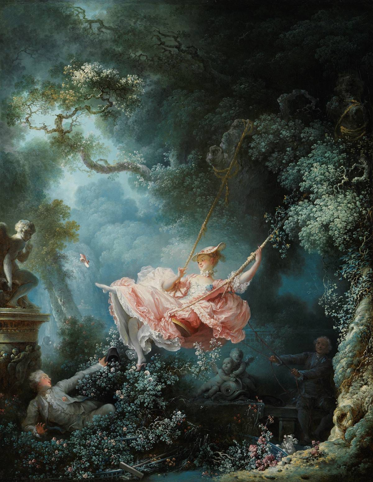 Young woman in a pink dress swinging in a garden as two men watch Young woman in a pink dress swinging in a garden as two men watch