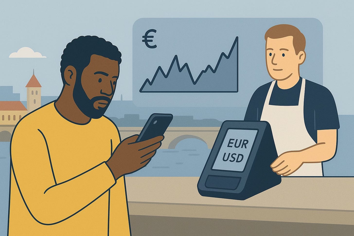 A man in a yellow shirt checks his smartphone while standing at a counter with a cashier behind a payment terminal displaying “EUR” and “USD"