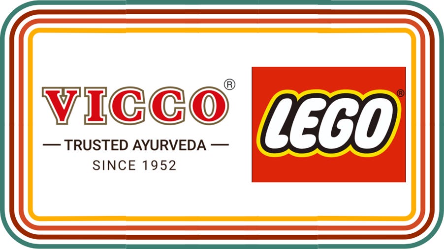 The Vicco Laboratories logo on the left, and The LEGO Group Logo on the right. Picture Credit: viccolabs.com and lego.com