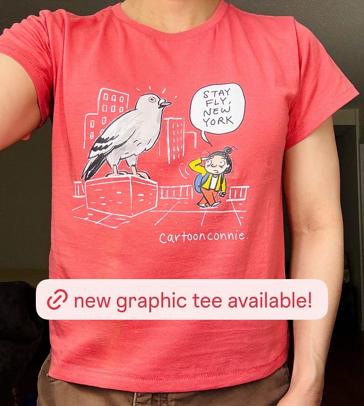 Images of an illustrated graphic tee by Connie Sun, available on cartoonconnie.com/shop