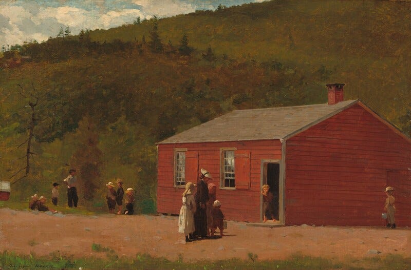 Light pours over a woman and a dozen children of different ages standing in small groups near a boxy, red schoolhouse in this horizontal painting. The people all have pale or tanned skin and wear clothing in earthy tones of brown, black, white, and pale yellow. The woman stands at the lower center of the composition on a dirt-packed area in front of the building. She wears a white hat tied with a black ribbon under the back of her hair and a long black dress. Two girls in floppy hats, each wearing ankle-length dresses, and a young boy holding a pail stand around her. The other children wear pants and long-sleeved shirts, and some wear hats. A child stands in the open doorway along the right edge of the schoolhouse. The building has two windows on the same side as the door and a short chimney on the shallowly angled gray roof. On the short side of the building, a child paints the letters “WH” in white on the red boards of the building. A hill rises behind the schoolhouse and off the top right corner of the canvas. A sliver of white clouds against a pale blue sky cuts across the top left corner. The artist signed the painting in the lower left corner, “WINSLOW HOMER.” Light pours over a woman and a dozen children of different ages standing in small groups near a boxy, red schoolhouse in this horizontal painting. The people all have pale or tanned skin and wear clothing in earthy tones of brown, black, white, and pale yellow. The woman stands at the lower center of the composition on a dirt-packed area in front of the building. She wears a white hat tied with a black ribbon under the back of her hair and a long black dress. Two girls in floppy hats, each wearing ankle-length dresses, and a young boy holding a pail stand around her. The other children wear pants and long-sleeved shirts, and some wear hats. A child stands in the open doorway along the right edge of the schoolhouse. The building has two windows on the same side as the door and a short chimney on the shallowly angled gray roof. On the short side of the building, a child paints the letters “WH” in white on the red boards of the building. A hill rises behind the schoolhouse and off the top right corner of the canvas. A sliver of white clouds against a pale blue sky cuts across the top left corner. The artist signed the painting in the lower left corner, “WINSLOW HOMER.”