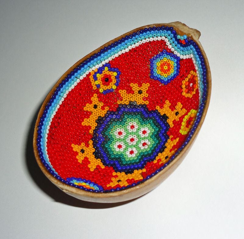 Mexican Huichol beaded gourd peyote deer beadwork Playa del Carmen Mexico souvenirs Mexican Huichol beaded gourd peyote deer beadwork Playa del Carmen Mexico souvenirs