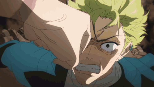 a cartoon character with green hair is being punched