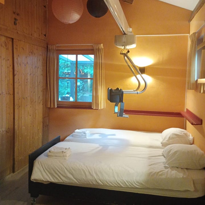 A dark wooden accessible holiday cabin in a forest, shown across four photos: the exterior with a covered veranda and portable wheelchair ramp, a shaded terrace with outdoor dining table, a bedroom with adjustable twin beds and a ceiling hoist track, and a modern bathroom with grey subway tiles, a roll-under sink, and a ceiling hoist rail.
