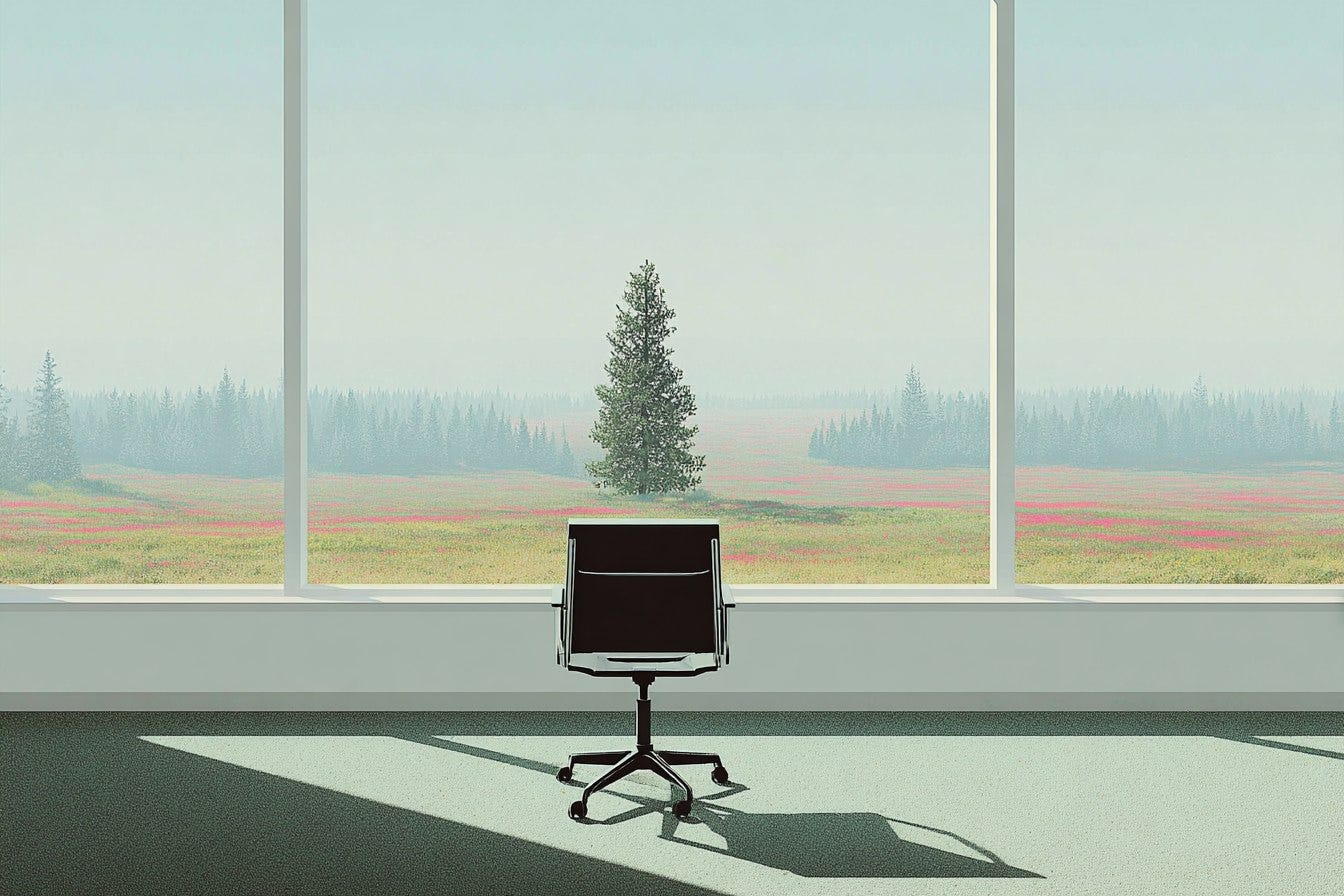 illustration of an office chair facing a large window looking out over a field with pine trees illustration of an office chair facing a large window looking out over a field with pine trees