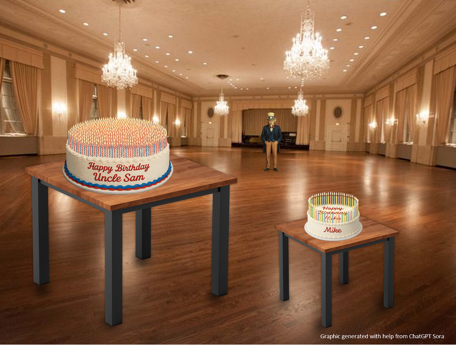 Picture of 2 birthday cakes that read, "Happy Birthday, Uncle  Same" and "Happy Birthday, Mike." They are in the foreground of an empty ballroom. Uncle Sam stands in the background, hands in his pockets.
