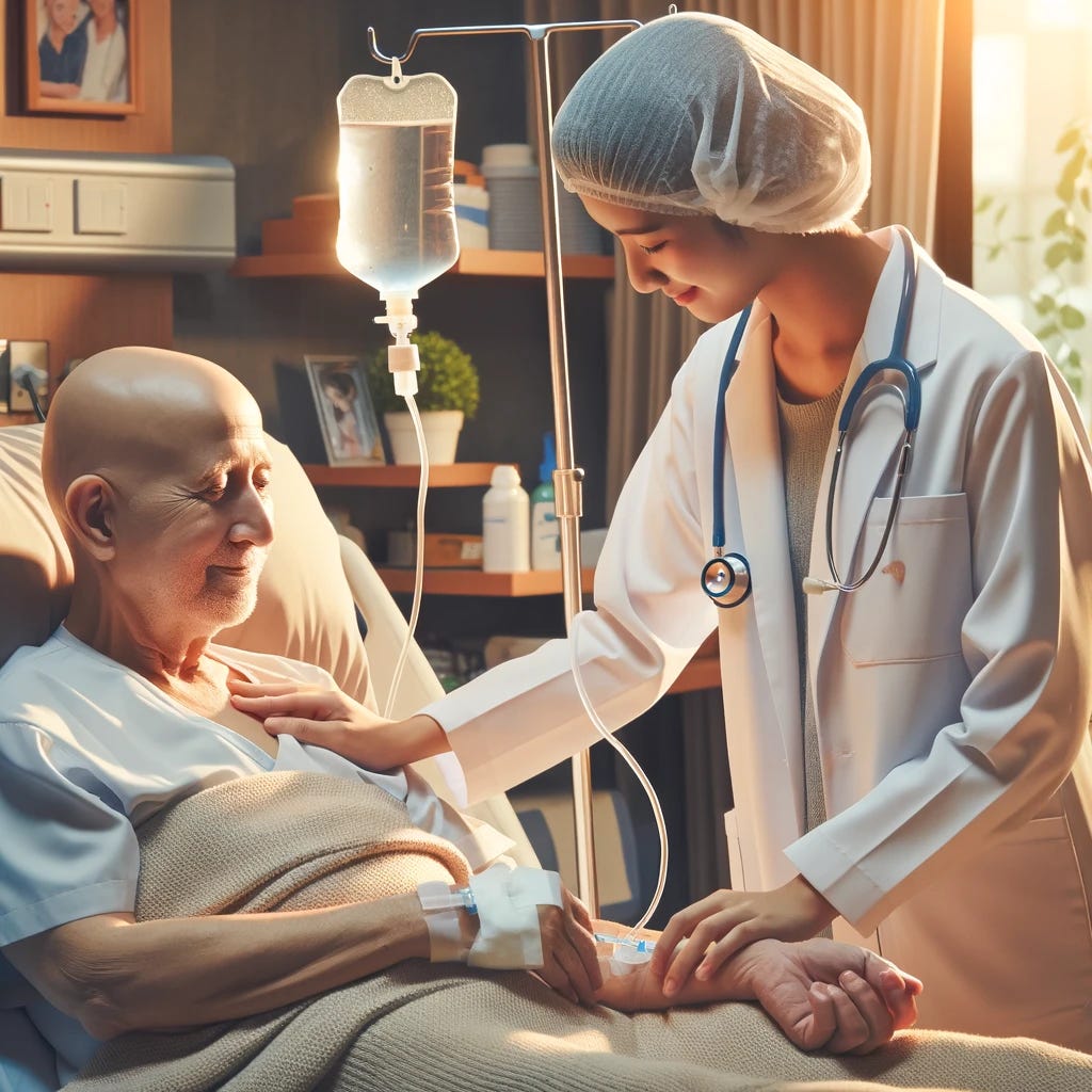 An image showing a compassionate cancer doctor treating a patient, ensuring accuracy in anatomy. The patient is lying in a hospital bed, appearing hopeful and comforted, connected to an IV drip. The doctor, depicted with two arms for anatomical correctness, is wearing a white coat and has a stethoscope around their neck. They are attentively checking the IV line, adjusting the equipment to ensure the patient's comfort. The environment is warm, with medical equipment, a small plant, and a family photo on the bedside table, reflecting a caring atmosphere. The doctor's expression is kind and reassuring, highlighting their empathy and professionalism. An image showing a compassionate cancer doctor treating a patient, ensuring accuracy in anatomy. The patient is lying in a hospital bed, appearing hopeful and comforted, connected to an IV drip. The doctor, depicted with two arms for anatomical correctness, is wearing a white coat and has a stethoscope around their neck. They are attentively checking the IV line, adjusting the equipment to ensure the patient's comfort. The environment is warm, with medical equipment, a small plant, and a family photo on the bedside table, reflecting a caring atmosphere. The doctor's expression is kind and reassuring, highlighting their empathy and professionalism.