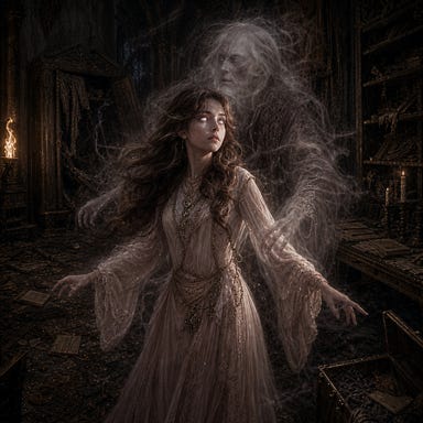 Arabelle possessed by ancient scholar ghost, delicate features, luminous eyes, soft chestnut hair, pale rose and ivory palette, magical aura