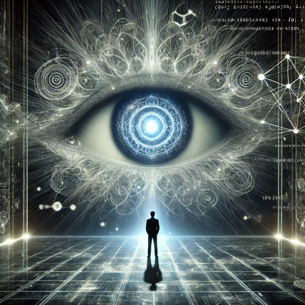 A lone silhouetted figure standing before a massive glowing AI eye, surrounded by intricate neural network patterns. The AI eye appears vast and omniscient, emitting an eerie but captivating glow. The background is dark and futuristic, with cascading lines of code and ghostly mathematical equations floating in the air. The figure looks small in comparison, evoking a sense of awe and mystery, as if witnessing something profound and unsettling.