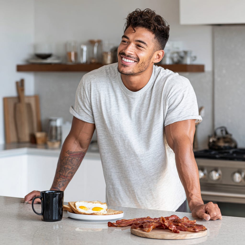 Strong young male bodybuilder enjoying a high protein breakfast. Strong young male bodybuilder enjoying a high protein breakfast.