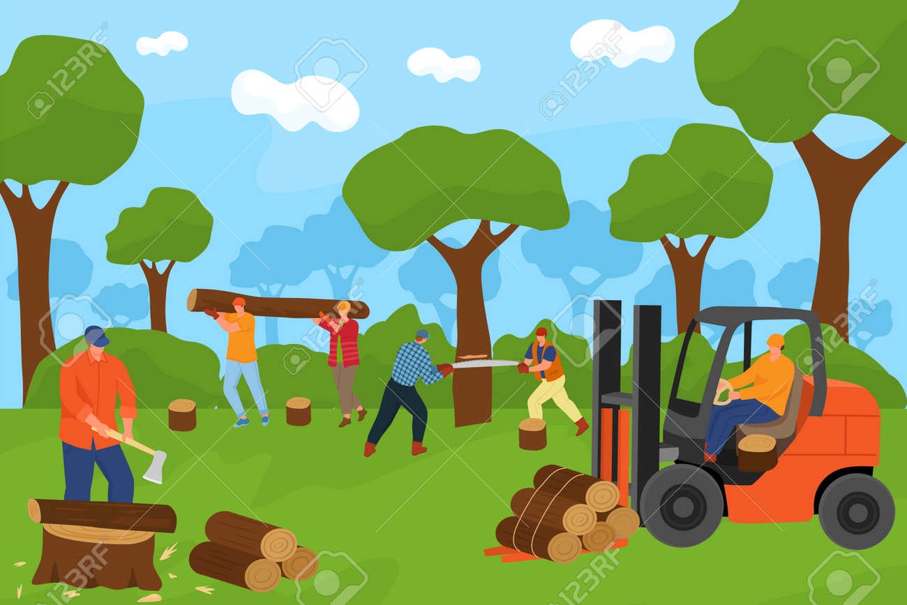 Lumberjack Group In Forest, Vector Illustration. Man People Character Cut  Tree, Cartoon Lumber, Wood Log. Woodcutter Worker In Logging Royalty Free  SVG, Cliparts, Vectors, And Stock Illustration. Image 166902844.