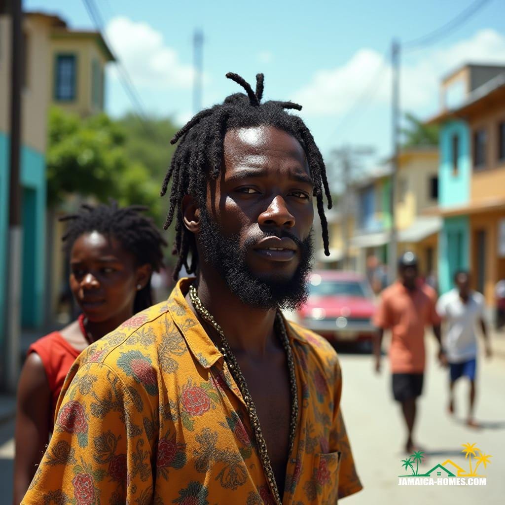 Jamaican man with dreadlocks and woman walking on a lively street