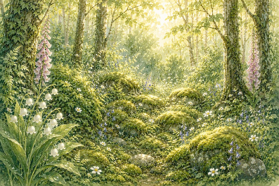 A luminous woodland clearing deep within the enchanted forest, where moss-covered stones, ivy-clad trees, foxgloves, bluebells, and lily-of-the-valley glow beneath soft spring sunlight. The forest feels alive, watchful, and woven from green light. AI-assisted artwork. © 2026 Designed by Kim West. All rights reserved. A luminous woodland clearing deep within the enchanted forest, where moss-covered stones, ivy-clad trees, foxgloves, bluebells, and lily-of-the-valley glow beneath soft spring sunlight. The forest feels alive, watchful, and woven from green light. AI-assisted artwork. © 2026 Designed by Kim West. All rights reserved.