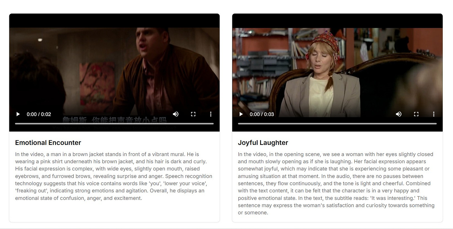 A screenshot of two video clips analyzed by Alibaba’s AI model, R1-Omni.The left video, titled 'Emotional Encounter,' shows a man in a brown jacket with a tense expression, standing in front of a mural. AI analysis detects emotions of surprise, anger, and agitation based on his facial expression and speech. The right video, titled 'Joyful Laughter,' features a woman in a headscarf and blazer, smiling and laughing in a book-filled room. AI analysis identifies her emotional state as joyful and cheerful through her expression and speech patterns.
