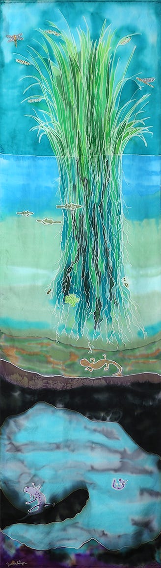 Hand-painted silk banner showing wild rice plants and dragonflies in flowing water with intricate botanical detail Hand-painted silk banner showing wild rice plants and dragonflies in flowing water with intricate botanical detail