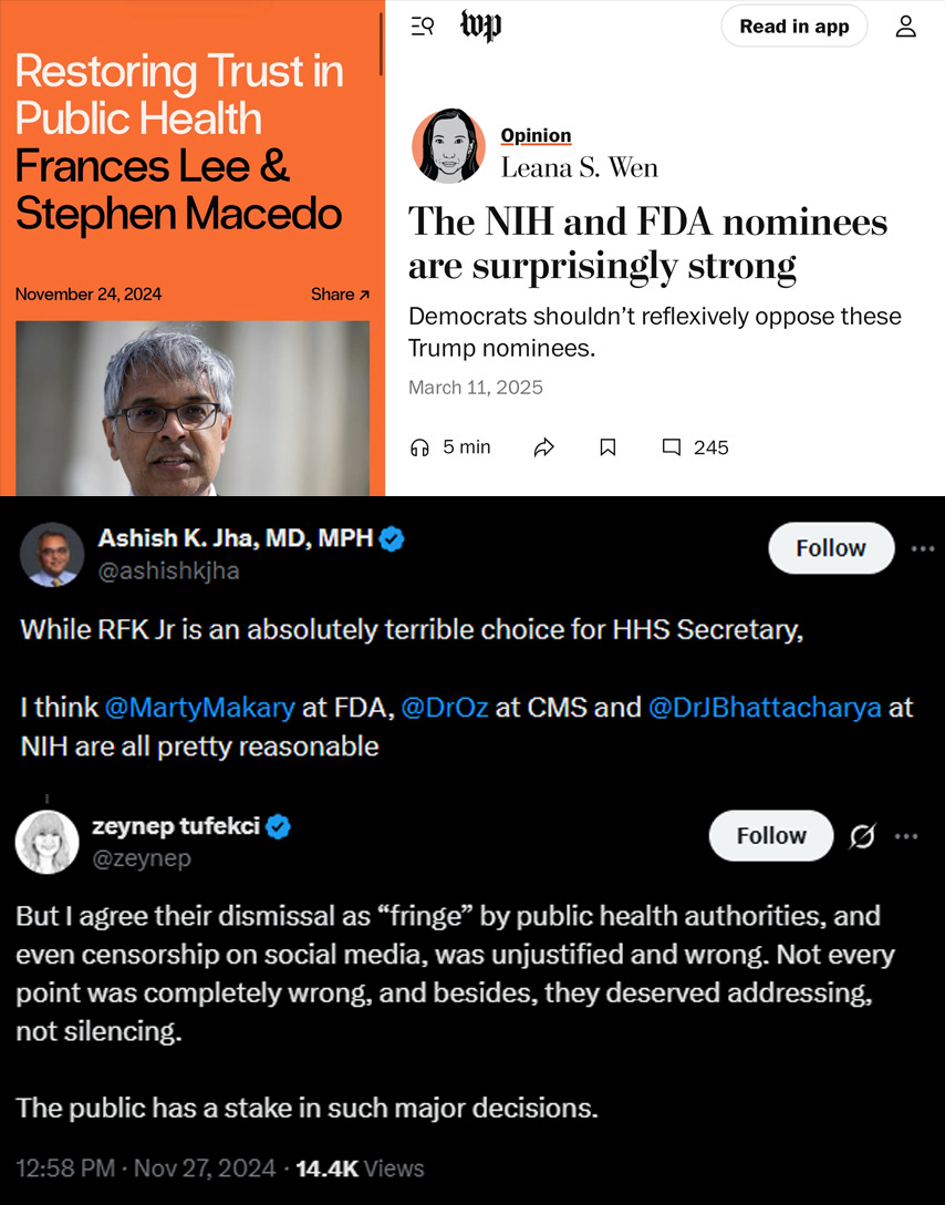 A compilation of pundits such as Stephen Macedo, Leana Wen, Ashish Jha, and Zeynep Tufekci endorsing & defending Jay Bhattacharya