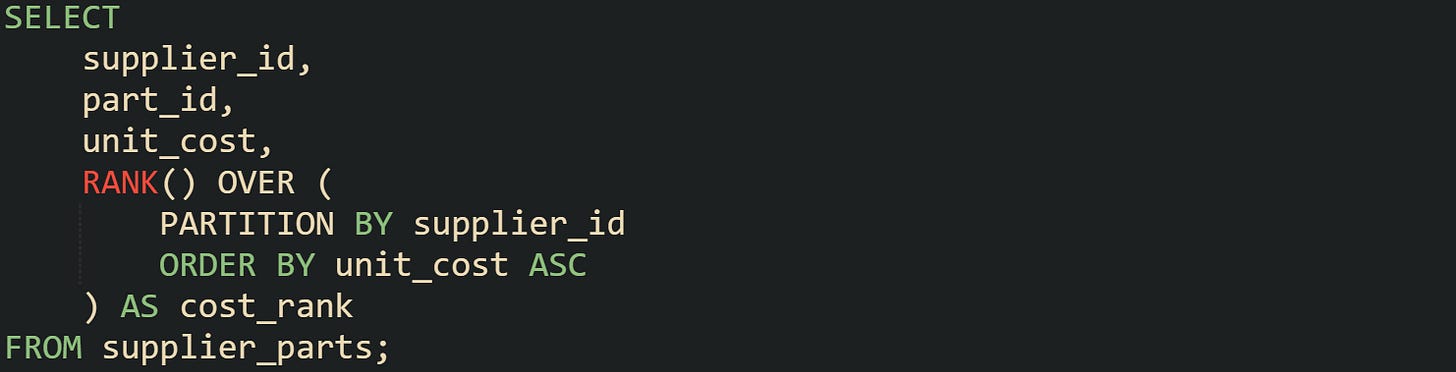 SELECT     supplier_id,     part_id,     unit_cost,     RANK() OVER (         PARTITION BY supplier_id         ORDER BY unit_cost ASC     ) AS cost_rank FROM supplier_parts;