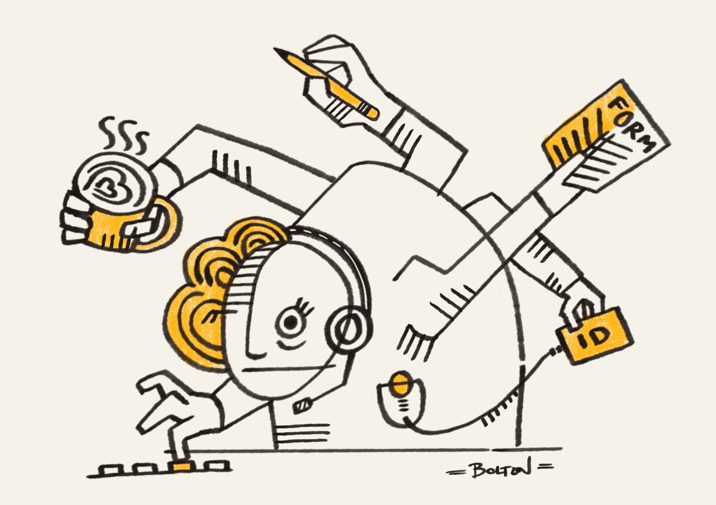 A frazzled office worker juggling a coffee, a pen, a form, an ID badge and a headset mic, mid-scramble across their desk.