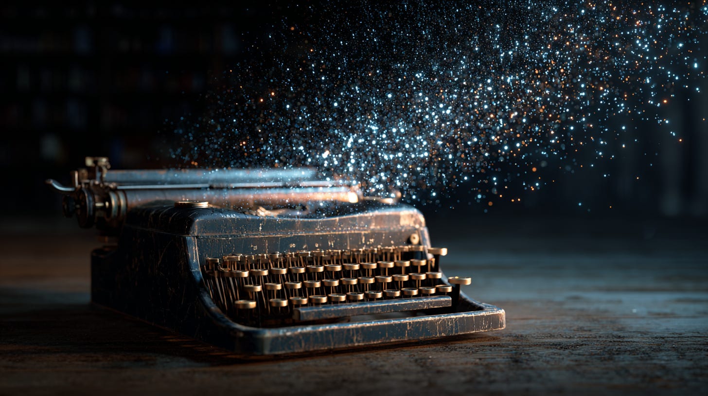 ypewriter digital transformation AI writing technology evolution steampunk cyberpunk keys floating code particles