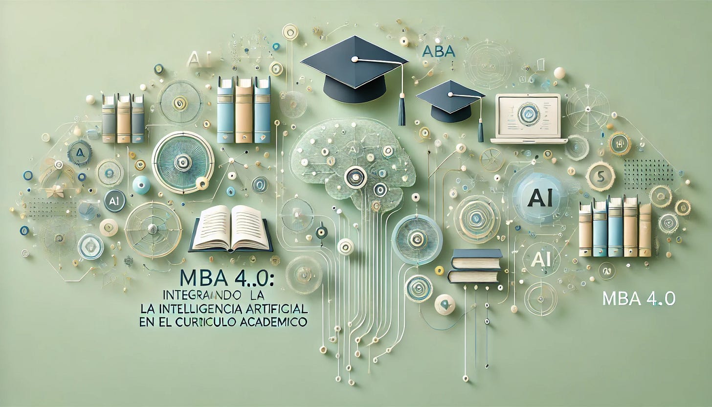 A modern abstract digital artwork in horizontal A4 format with a light green background, representing the concept of 'MBA 4.0: Integrando la Inteligencia Artificial en el Currículo Académico'. The composition features abstract academic symbols like books, graduation caps, and AI elements such as neural networks and digital circuits. The layout combines structured shapes and flowing lines to represent the integration of AI into academic systems. Subtle icons suggest business, innovation, and learning. The color palette uses light green tones with accents of white, blue, and gold to evoke clarity, modernity, and professionalism. The phrase 'MBA 4.0: Integrando la Inteligencia Artificial en el Currículo Académico' is displayed prominently in a sleek, modern font with correct Spanish spelling, seamlessly integrated into the composition.