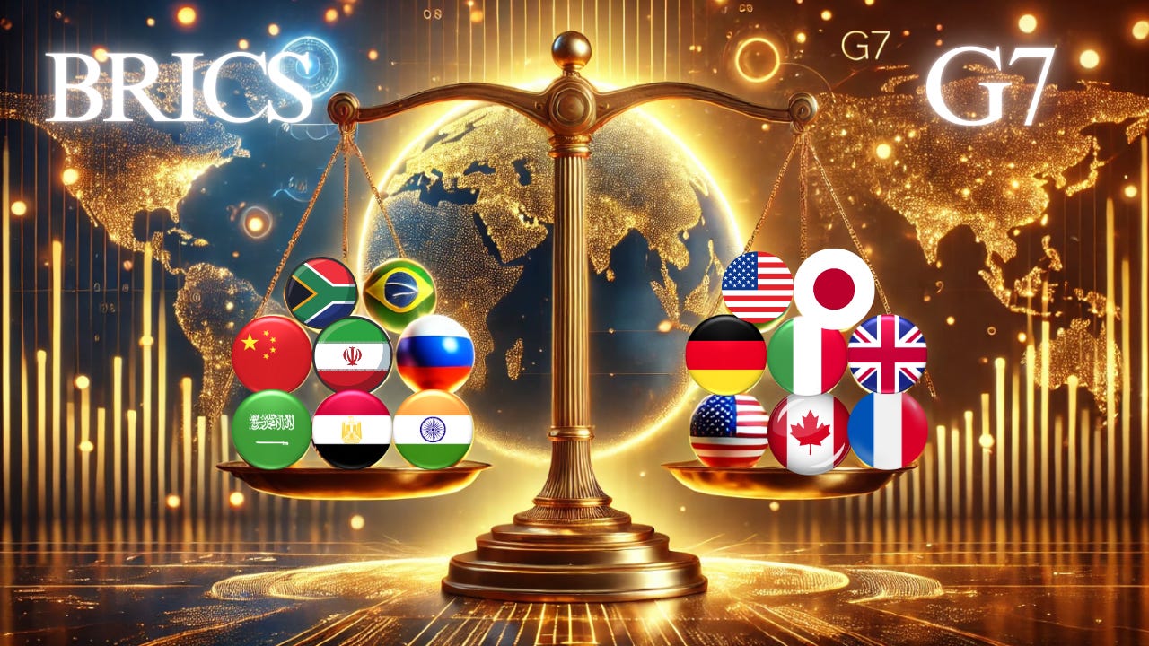 A golden balance scale illustrating the power dynamics between BRICS and G7 nations. On the left, BRICS countries (China, India, Brazil, Russia, South Africa, Iran, Saudi Arabia, and Egypt) are represented by glowing orbs with their respective flags, symbolizing rising influence. On the right, G7 countries (United States, Japan, Germany, United Kingdom, Italy, Canada, and France) are displayed with dimmer orbs showing their flags, indicating waning dominance. The background features a futuristic world map with trade routes and data visualizations, emphasizing global geopolitical and economic shifts.