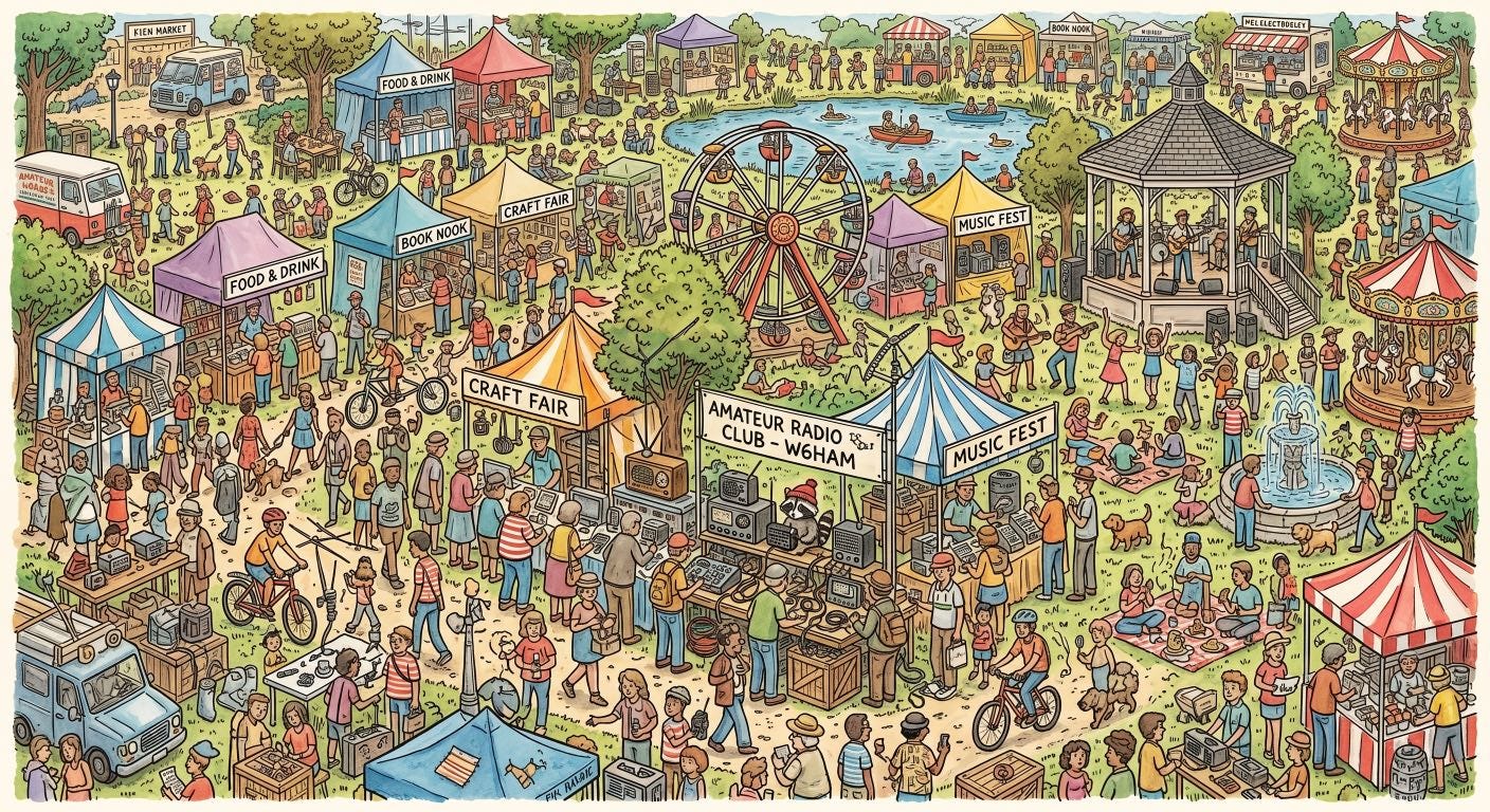 Busy Where's Waldo-style illustration of a park festival with crowds of people, tents labeled "FOOD & DRINK", "CRAFT FAIR", "BOOK NOOK", "MUSIC FEST", and "AMATEUR RADIO CLUB - W6HAM" (featuring a raccoon in a red hat at the radio table), plus a Ferris wheel, carousel, gazebo with band, pond with boats, fountain, food trucks, and striped circus tents Busy Where's Waldo-style illustration of a park festival with crowds of people, tents labeled "FOOD & DRINK", "CRAFT FAIR", "BOOK NOOK", "MUSIC FEST", and "AMATEUR RADIO CLUB - W6HAM" (featuring a raccoon in a red hat at the radio table), plus a Ferris wheel, carousel, gazebo with band, pond with boats, fountain, food trucks, and striped circus tents