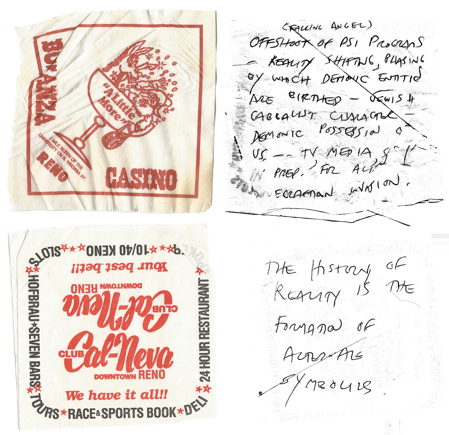 Jim Keith's bar napkin notes: Psi Programs, demonic entities, Lovecraftian invasion prep, and alternate symbols shaping reality.