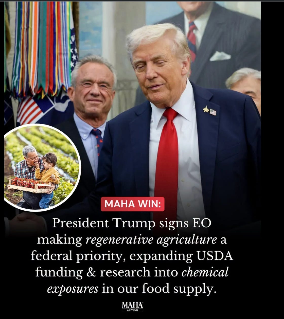 Trump and RFK Jr. in MAHA Win graphic announcing executive order on regenerative agriculture and chemical exposure research