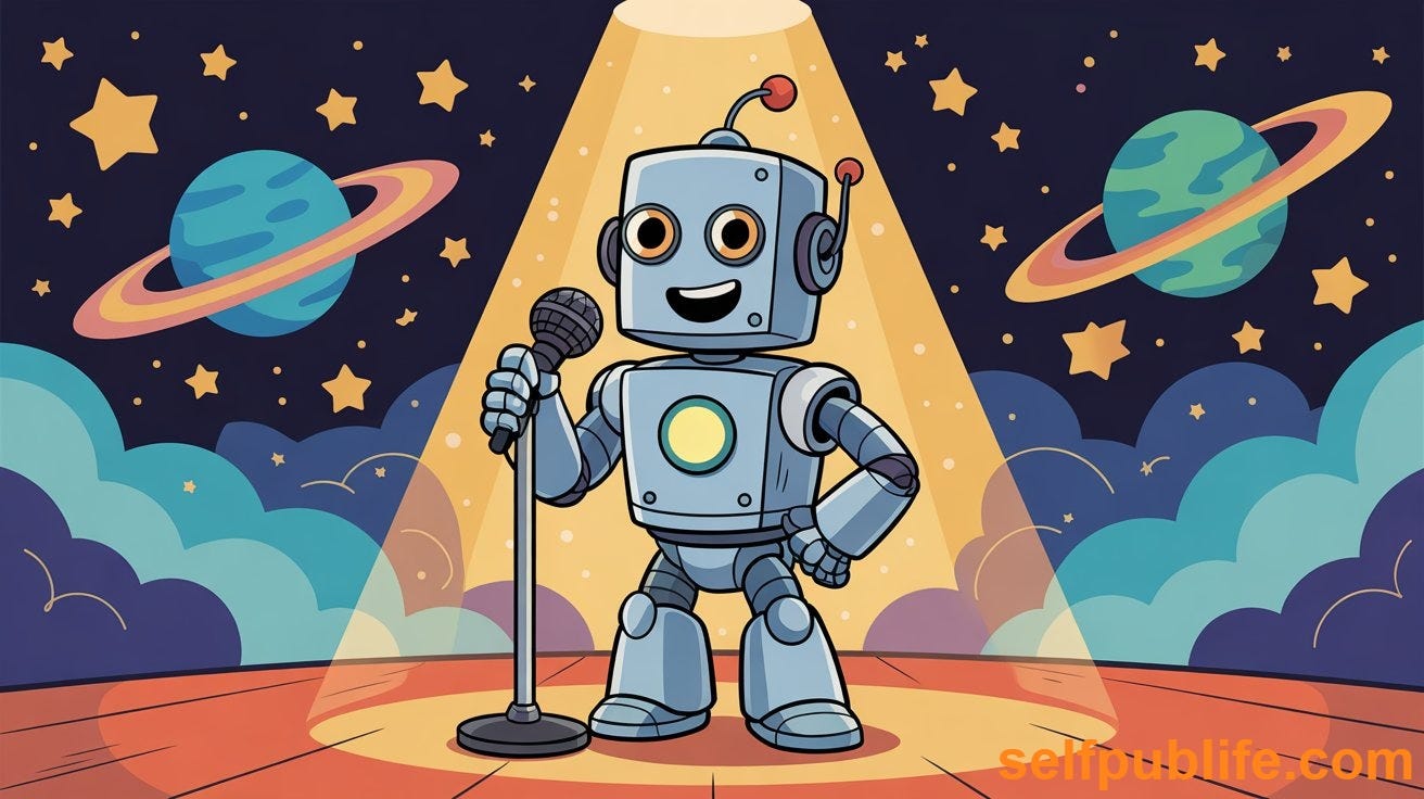 A robot stand-up comic on stage with a microphone.
