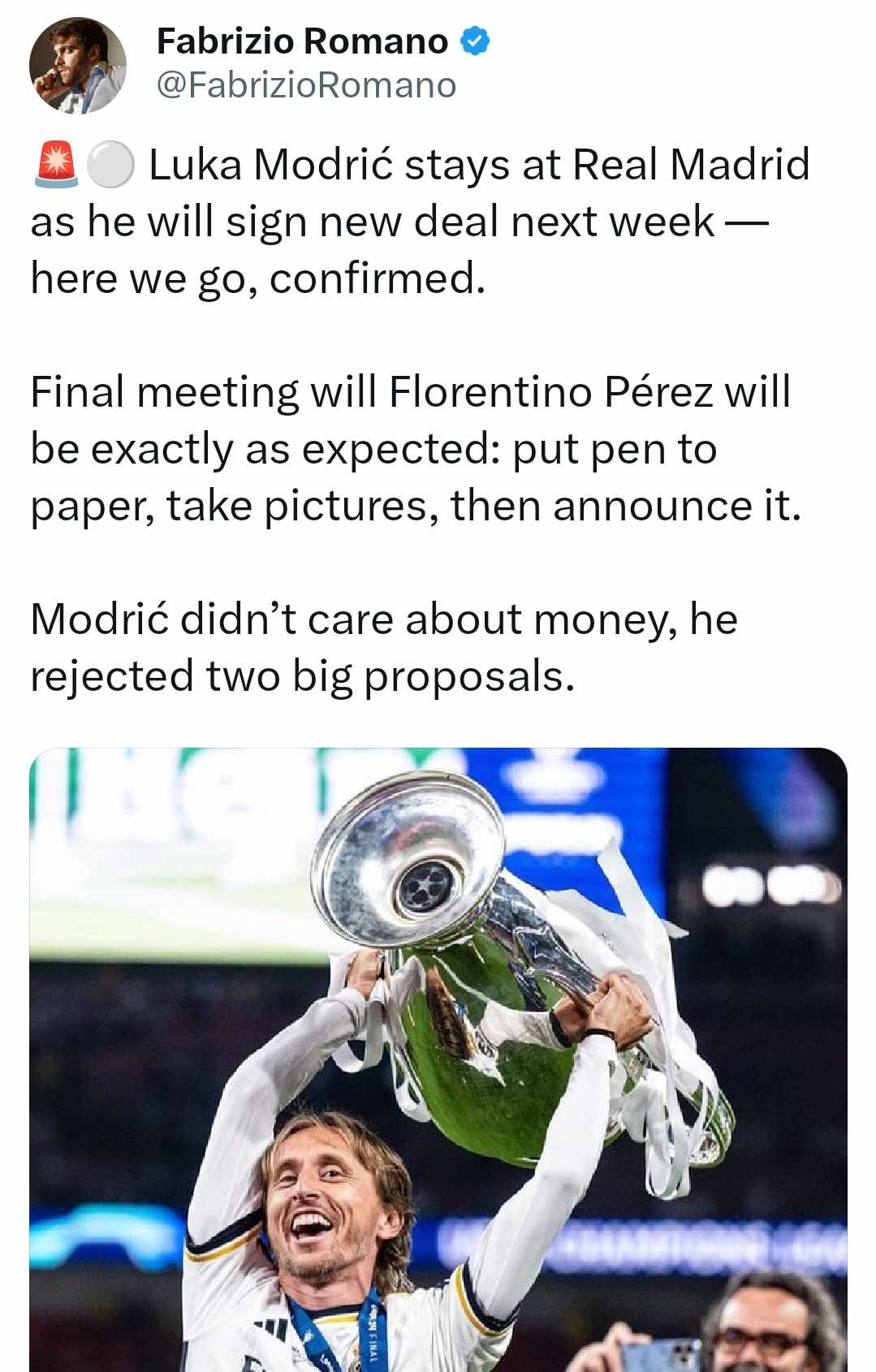 A tweet by Fabrizio Romano about Luka Modric A tweet by Fabrizio Romano about Luka Modric