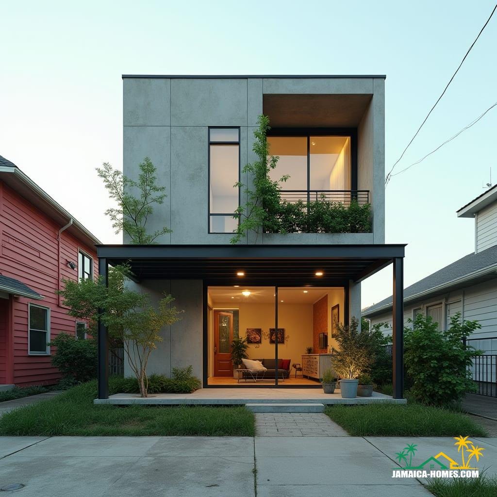 Compact Urban Modern Home Design: Single 20-ft concrete module with overlapping steel porch, urban small-lot optimized. Materials: Concrete, steel, glass, wood accents.
