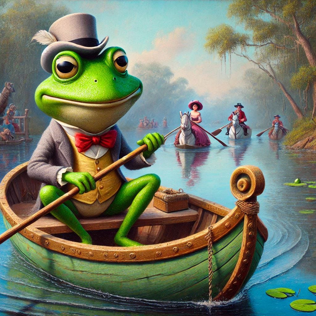 mr. toad paddling down the swanee river in a pea-green boat