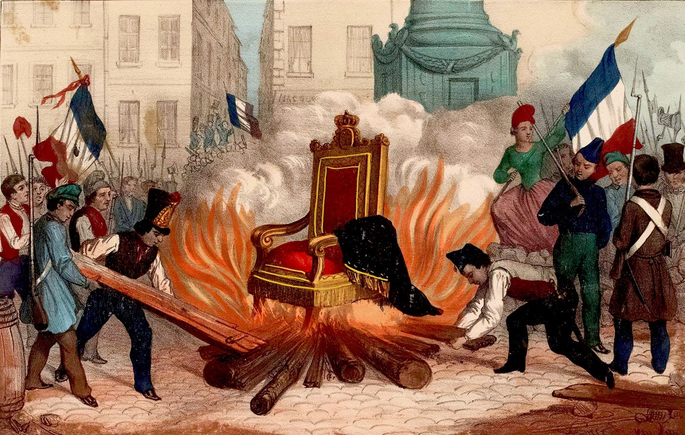 Scene from the third French Revolution, in 1848, burning the royal throne.
