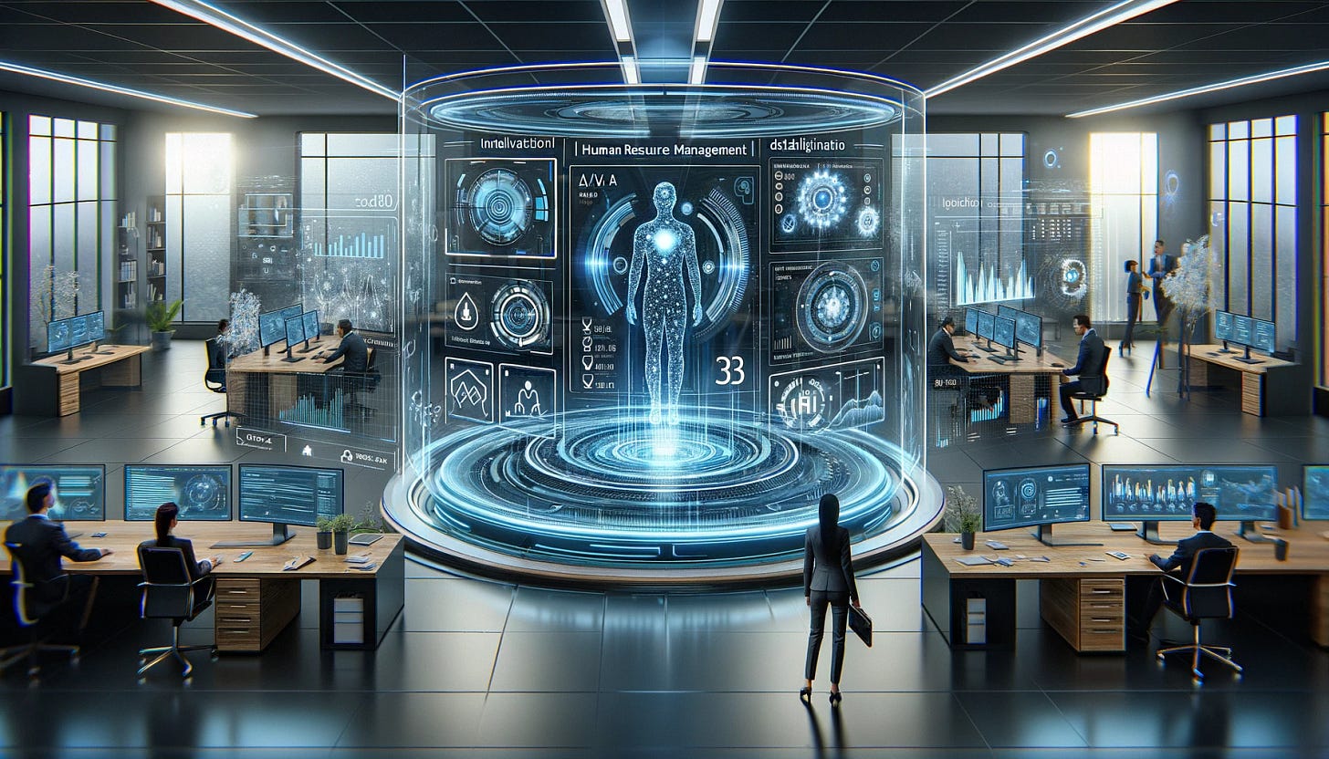 Illustrate the concept of innovative human resource management with the use of analytical tools and AI. The image should depict a futuristic office environment with a large, transparent touchscreen interface in the center, where an HR professional is interacting with dynamic and intelligent data visualization. The screen displays various HR metrics and analytics, including performance indicators, staff satisfaction levels, and AI-generated forecasts. Around the office, smaller screens and holograms show real-time data updates and insights. The design should convey a sense of cutting-edge technology and efficiency, highlighting the role of AI and analytics in revolutionizing HR processes and decision-making. Illustrate the concept of innovative human resource management with the use of analytical tools and AI. The image should depict a futuristic office environment with a large, transparent touchscreen interface in the center, where an HR professional is interacting with dynamic and intelligent data visualization. The screen displays various HR metrics and analytics, including performance indicators, staff satisfaction levels, and AI-generated forecasts. Around the office, smaller screens and holograms show real-time data updates and insights. The design should convey a sense of cutting-edge technology and efficiency, highlighting the role of AI and analytics in revolutionizing HR processes and decision-making.
